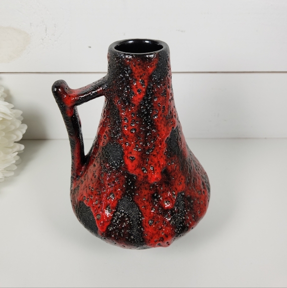 70s West Germany Fat Lava Vase 44-25 | Black & Red Handled Vase | Mid Century - Picture 6 of 12